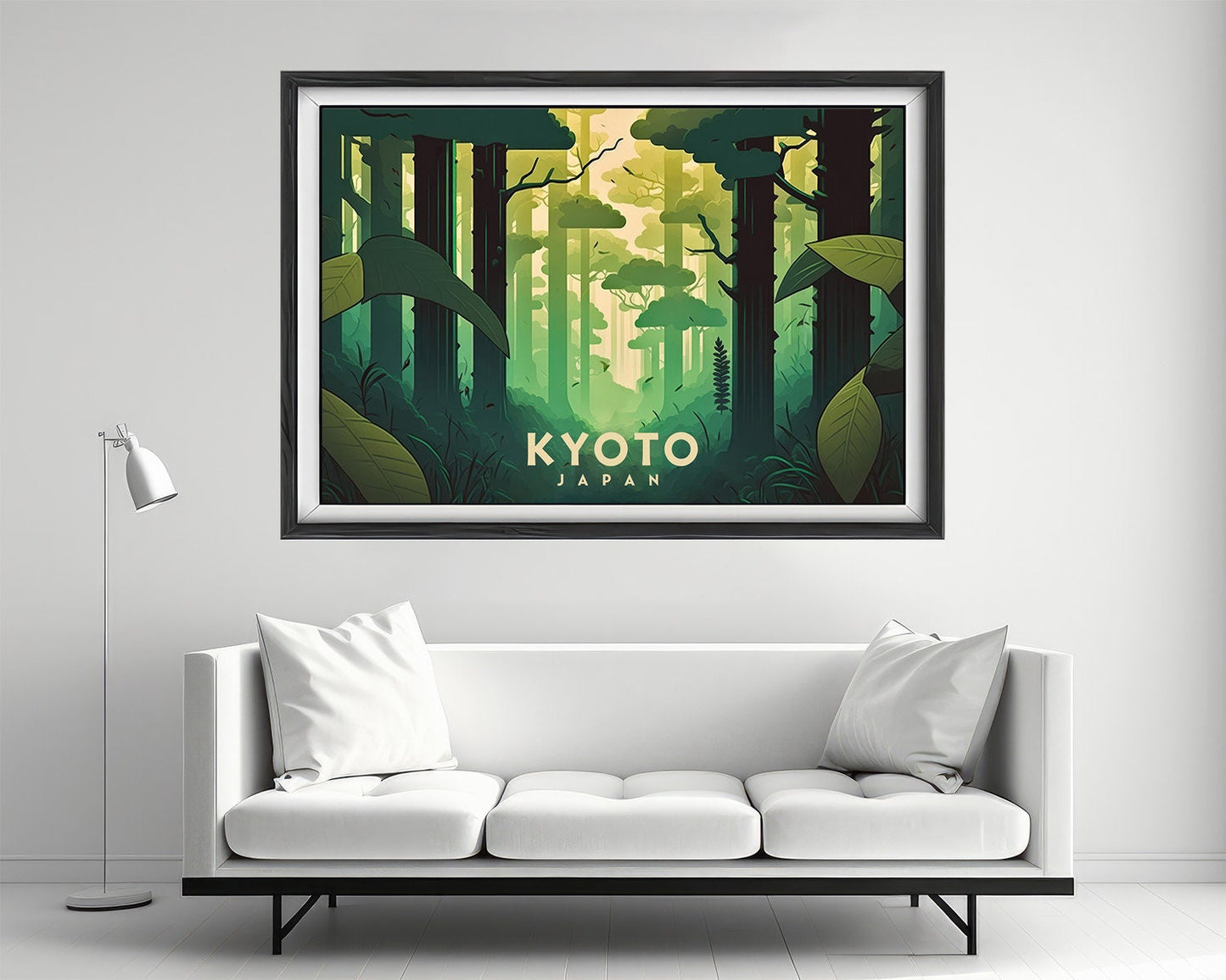 Framed Kyoto Japan Bamboo Forest Travel Poster in Landscape orientation, minimal background, close up wall art print 2