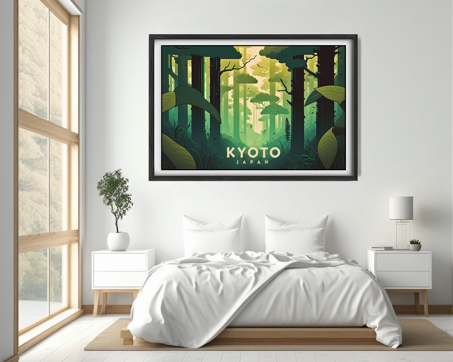 Framed Kyoto Japan Bamboo Forest Travel Poster in Landscape orientation, minimal background, close up wall art print 3