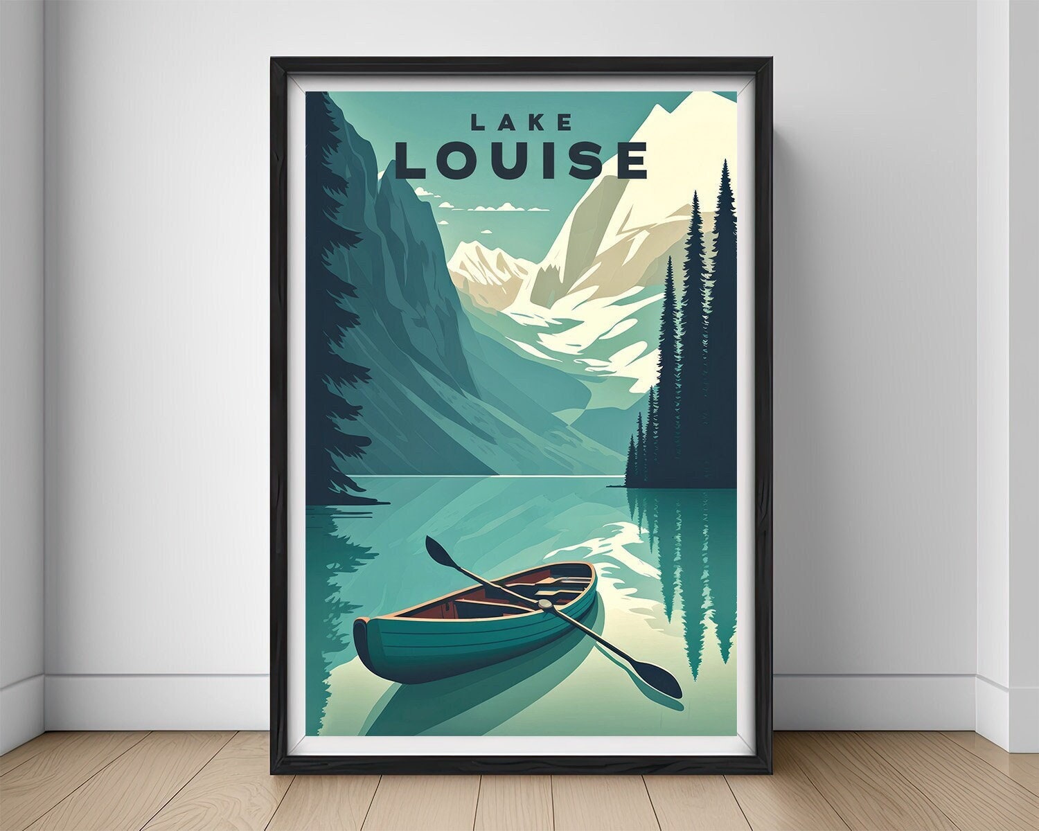 Framed Lake Louise Alberta Canada Travel Poster in Portrait orientation, minimal background, close up wall art print 1