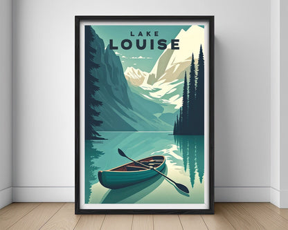 Framed Lake Louise Alberta Canada Travel Poster in Portrait orientation, minimal background, close up wall art print 1