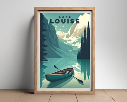 Framed Lake Louise Alberta Canada Travel Poster in Portrait orientation, minimal background, close up wall art print 2