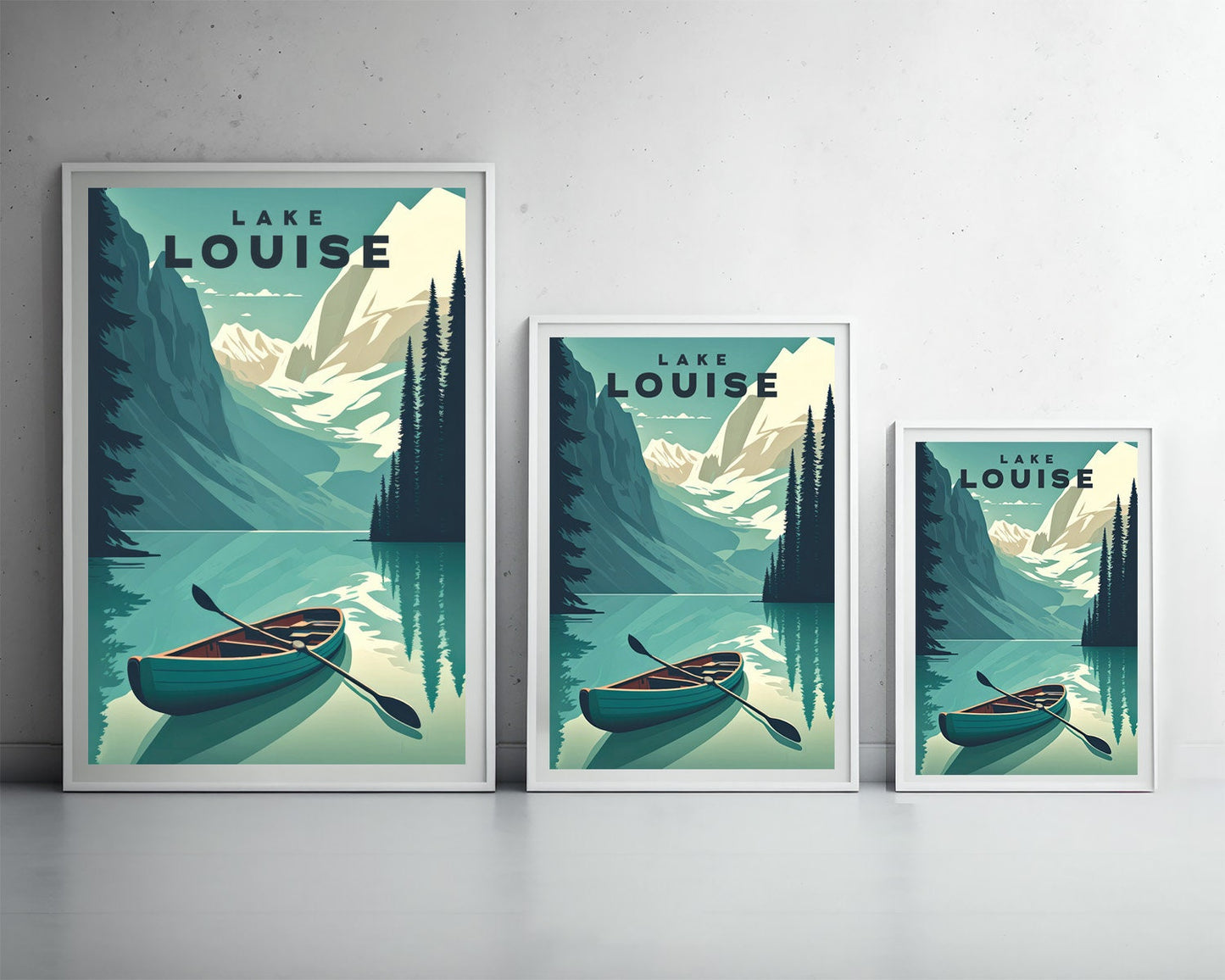 Framed Lake Louise Alberta Canada Travel Poster in Portrait orientation, minimal background, close up wall art print 3
