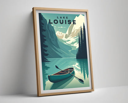 Framed Lake Louise Alberta Canada Travel Poster in Portrait orientation, minimal background, close up wall art print 4
