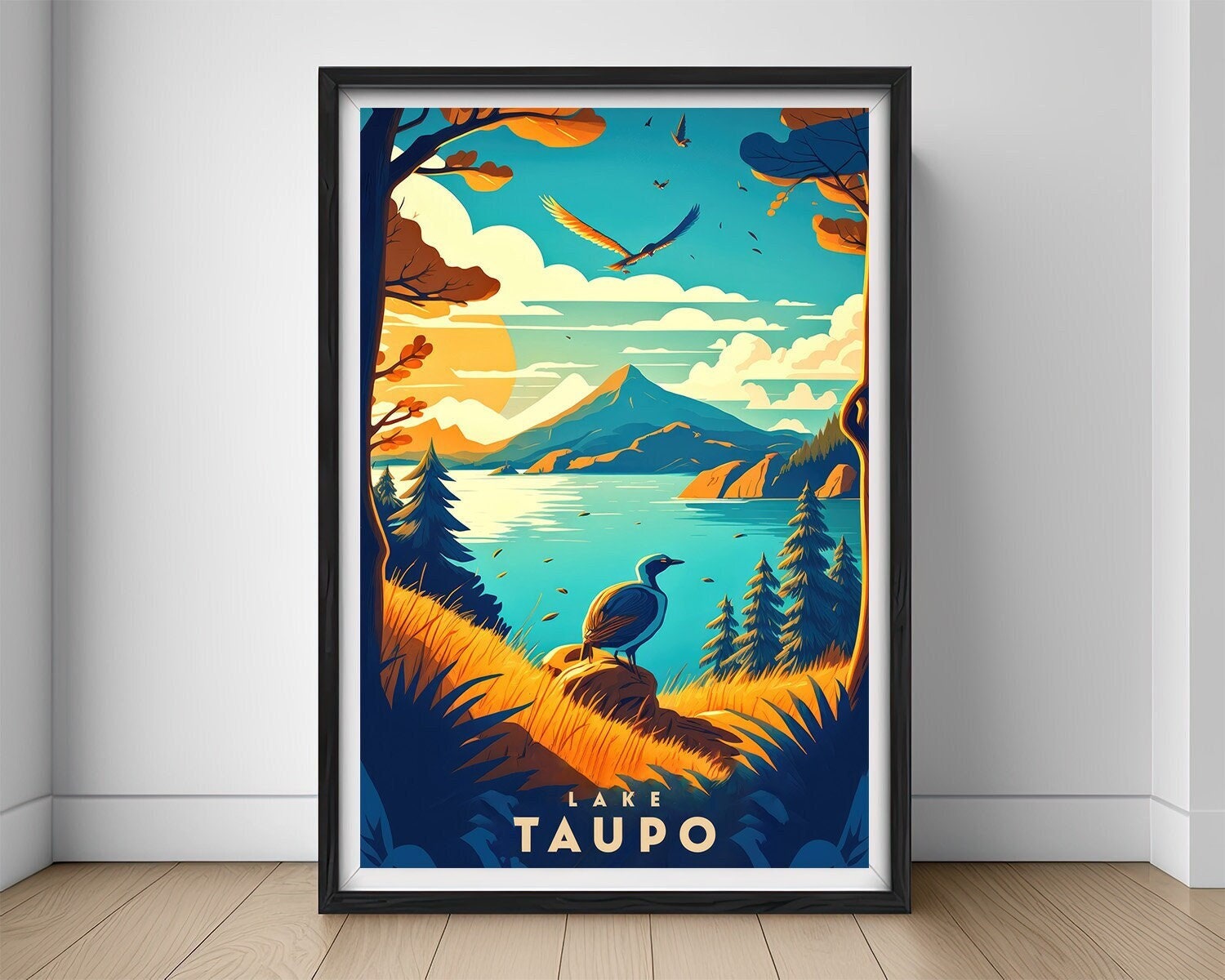 Framed Lake Taupo New Zealand NZ Travel Poster in Portrait orientation, minimal background, close up wall art print 1