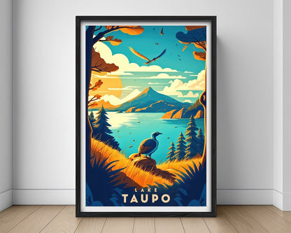 Framed Lake Taupo New Zealand NZ Travel Poster in Portrait orientation, minimal background, close up wall art print 1