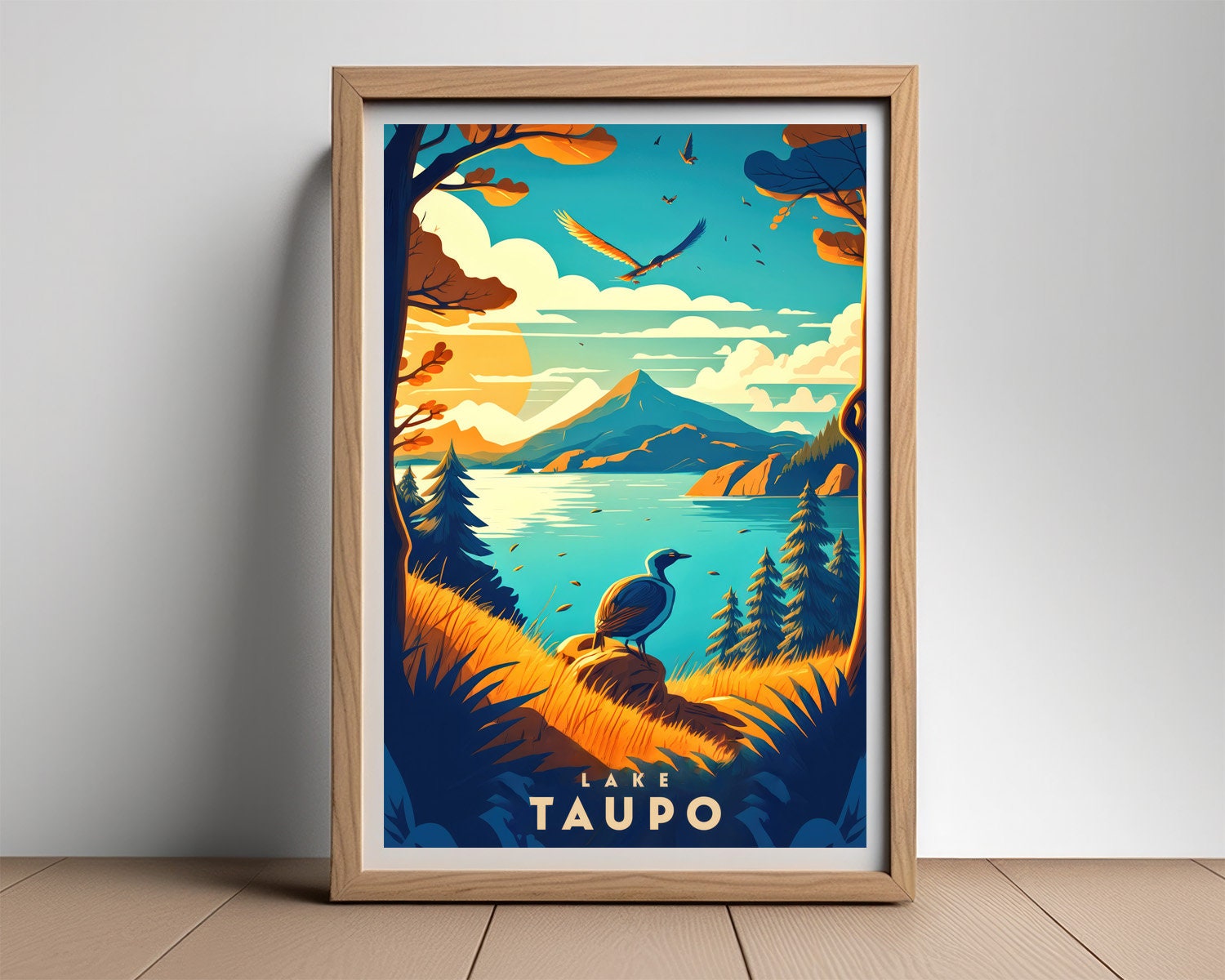 Framed Lake Taupo New Zealand NZ Travel Poster in Portrait orientation, minimal background, close up wall art print 2