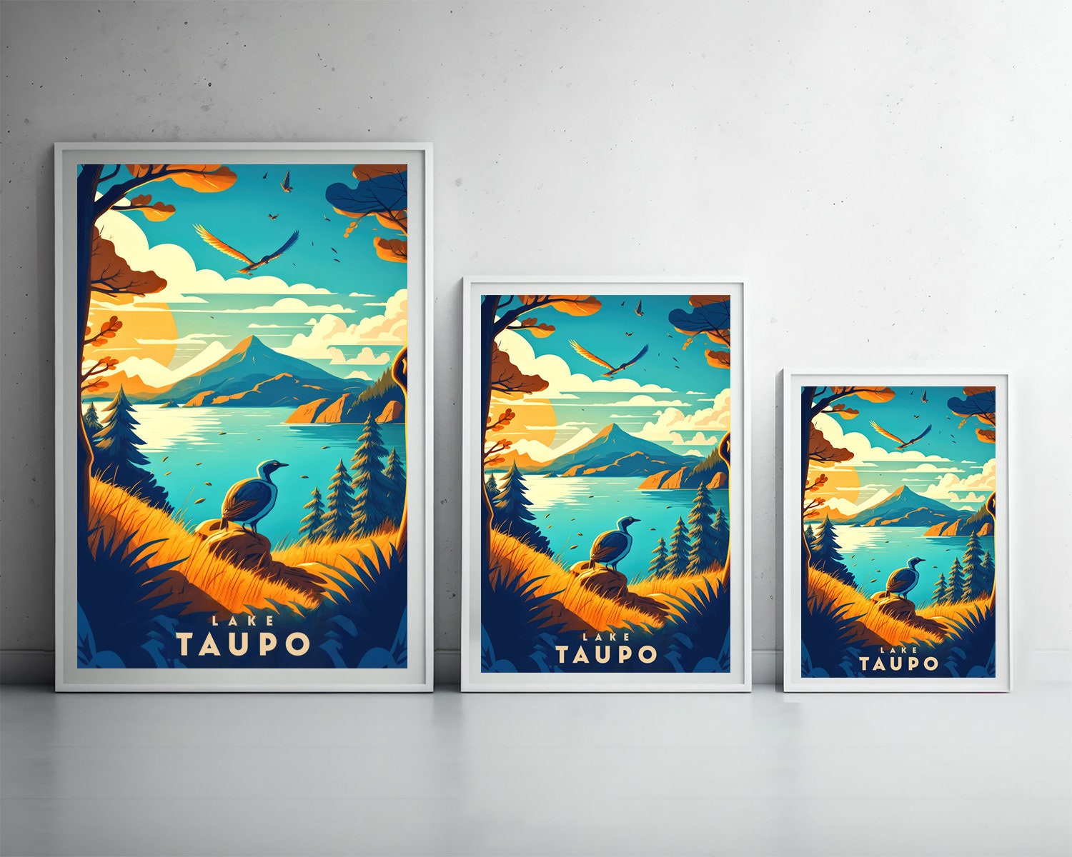 Framed Lake Taupo New Zealand NZ Travel Poster in Portrait orientation, minimal background, close up wall art print 3