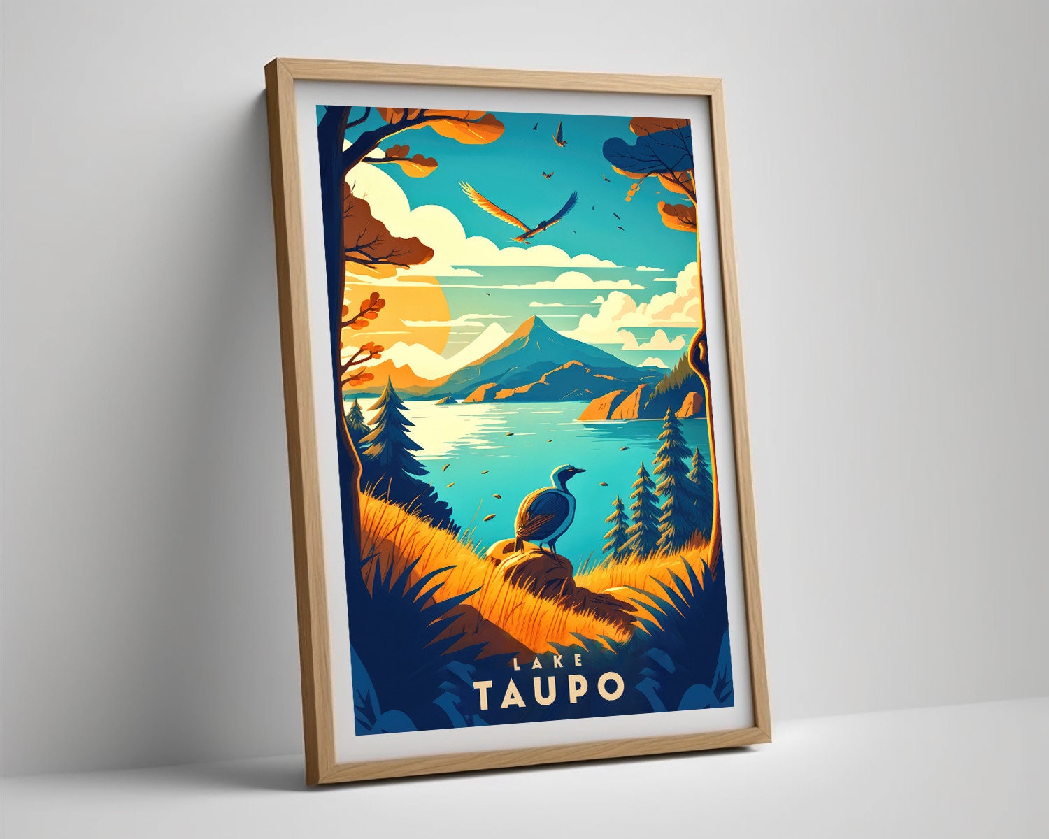 Framed Lake Taupo New Zealand NZ Travel Poster in Portrait orientation, minimal background, close up wall art print 4