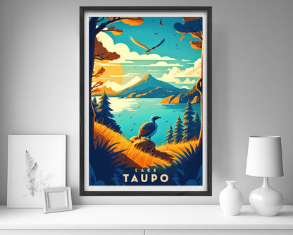 Framed Lake Taupo New Zealand NZ Travel Poster in Portrait orientation, minimal background, close up wall art print 5