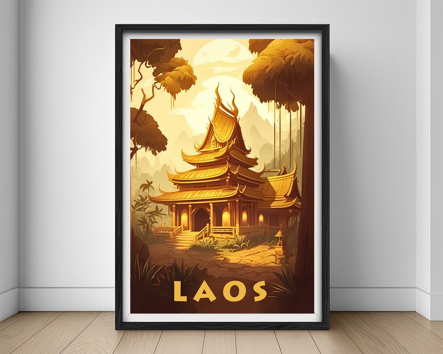 Framed Laos Travel Poster in Portrait orientation, minimal background, close up wall art print 1