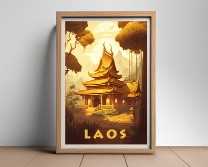 Framed Laos Travel Poster in Portrait orientation, minimal background, close up wall art print 2