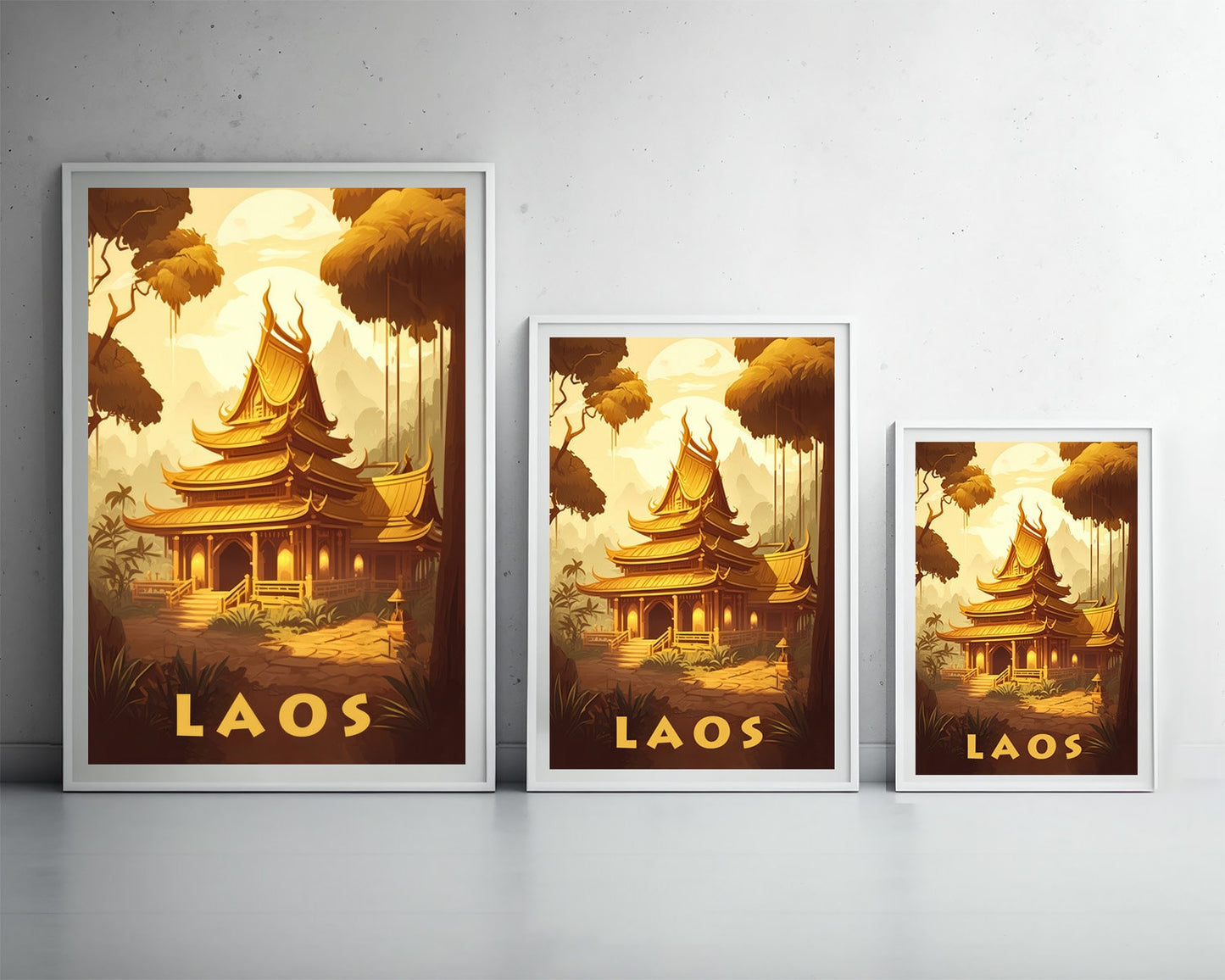 Framed Laos Travel Poster in Portrait orientation, minimal background, close up wall art print 3