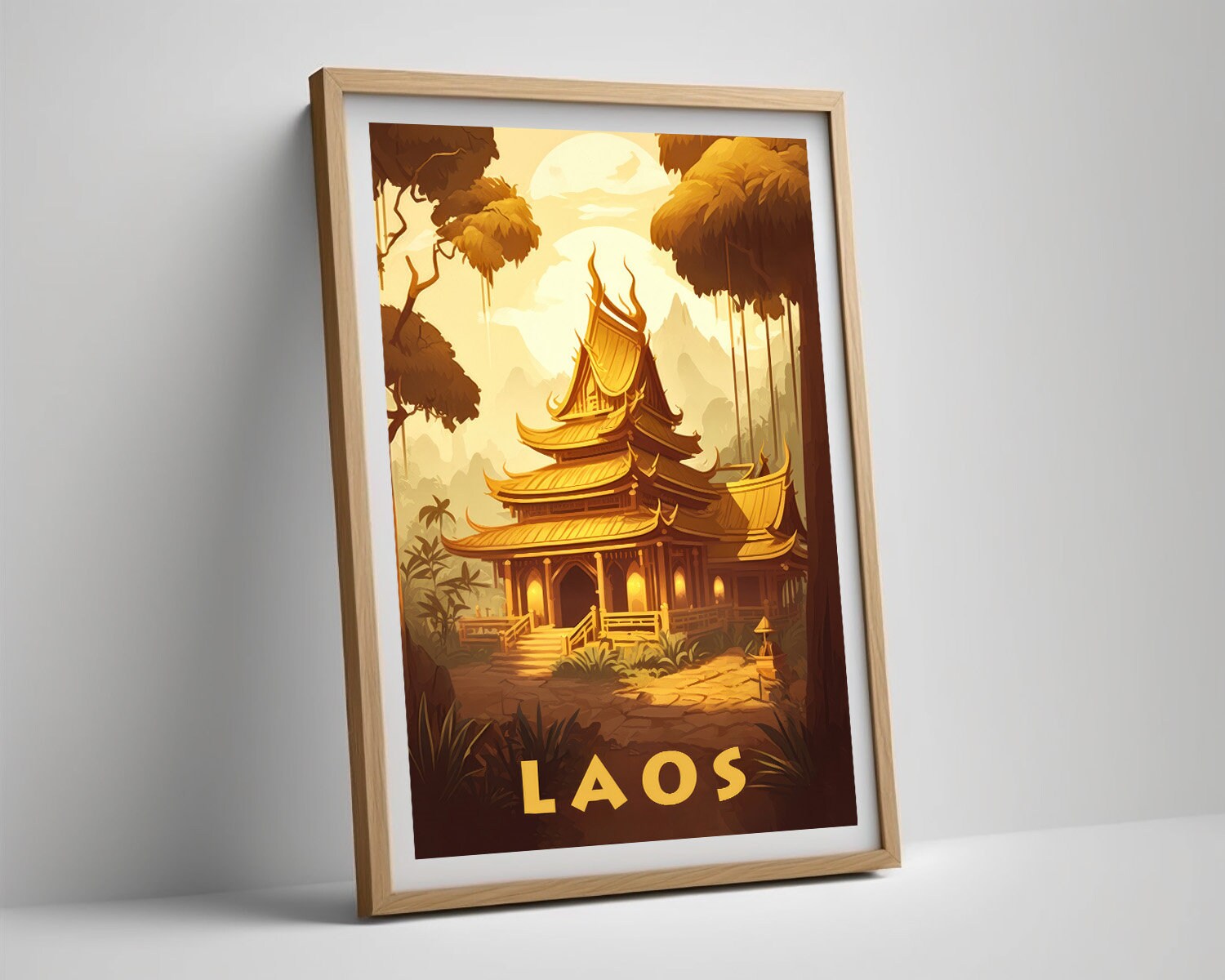 Framed Laos Travel Poster in Portrait orientation, minimal background, close up wall art print 4