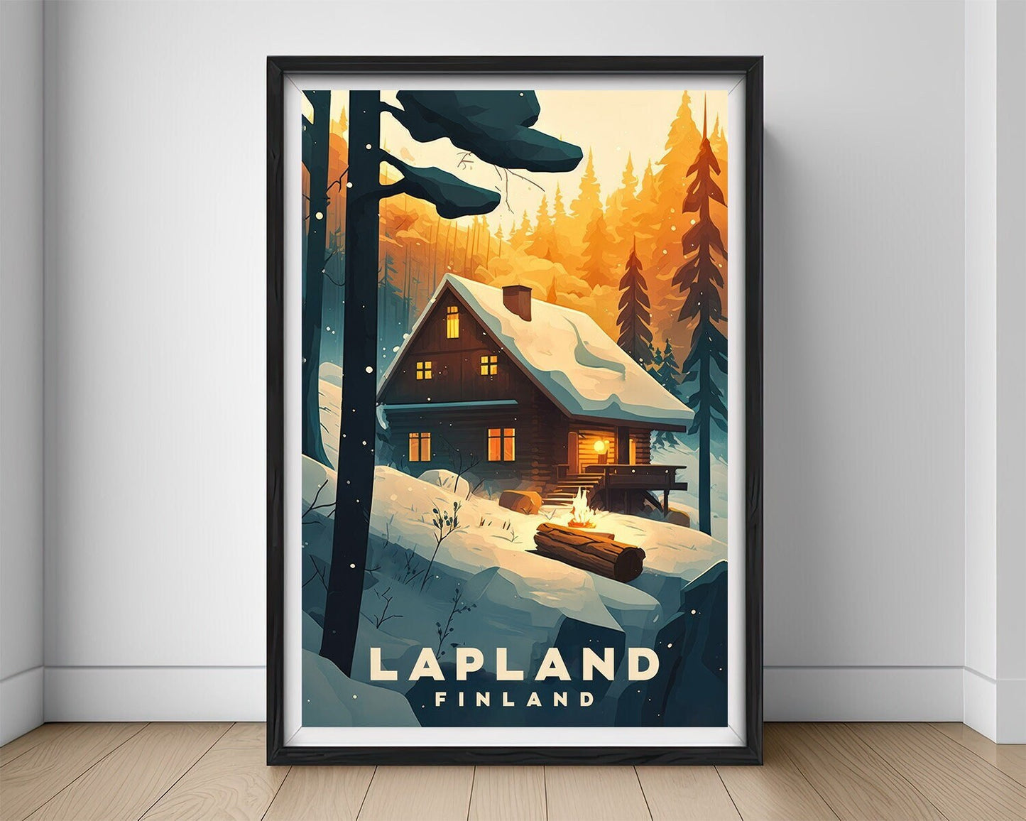 Framed Lapland Finland Travel Poster in Portrait orientation, minimal background, close up wall art print 1