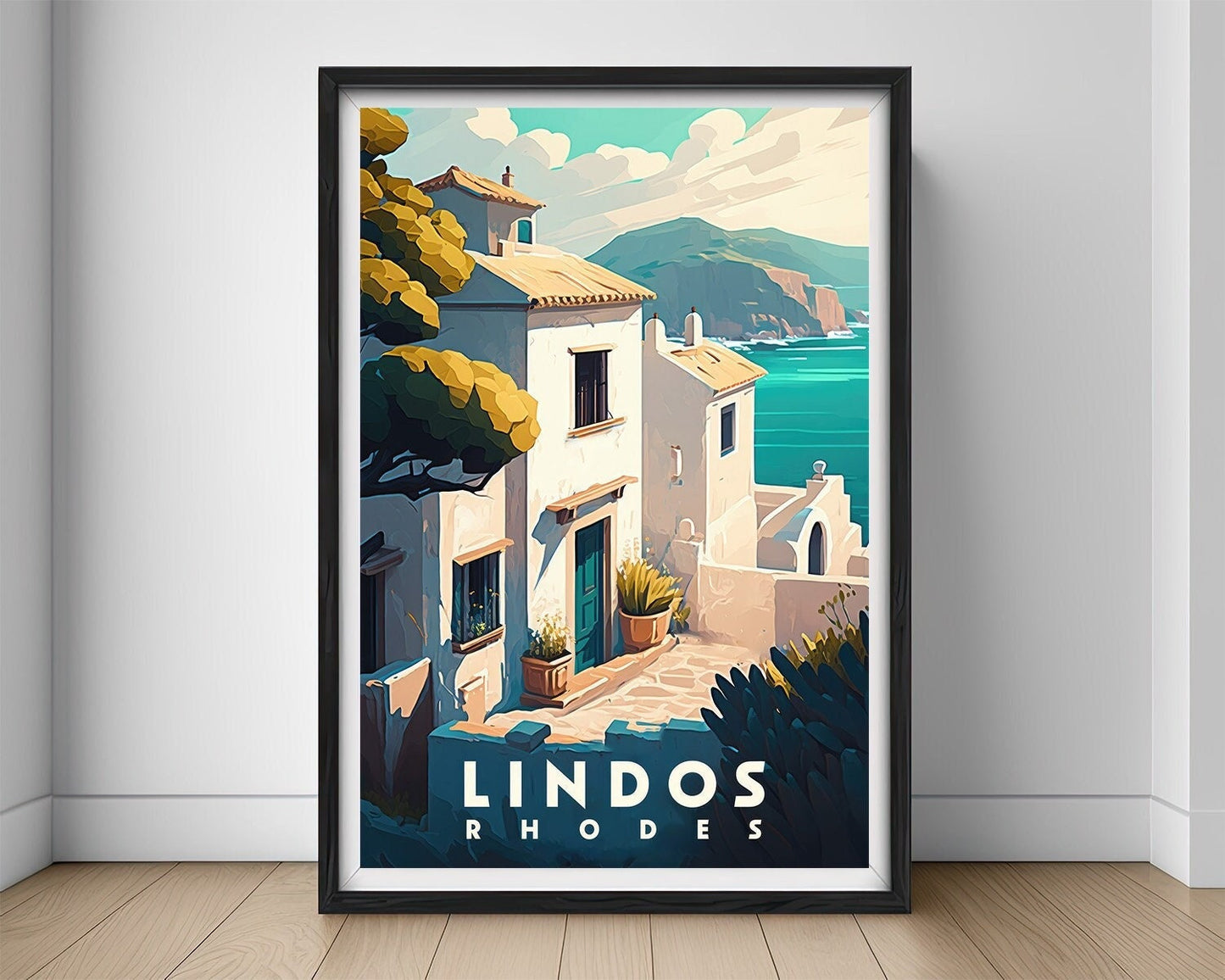 Framed Lindos Rhodes Greece Travel Poster in Portrait orientation, minimal background, close up wall art print 1