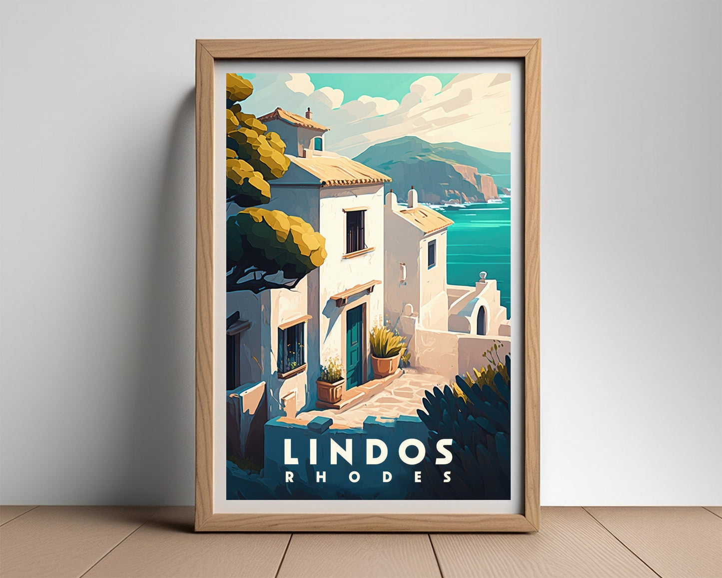 Framed Lindos Rhodes Greece Travel Poster in Portrait orientation, minimal background, close up wall art print 2