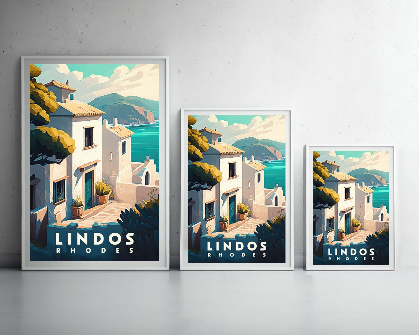Framed Lindos Rhodes Greece Travel Poster in Portrait orientation, minimal background, close up wall art print 3