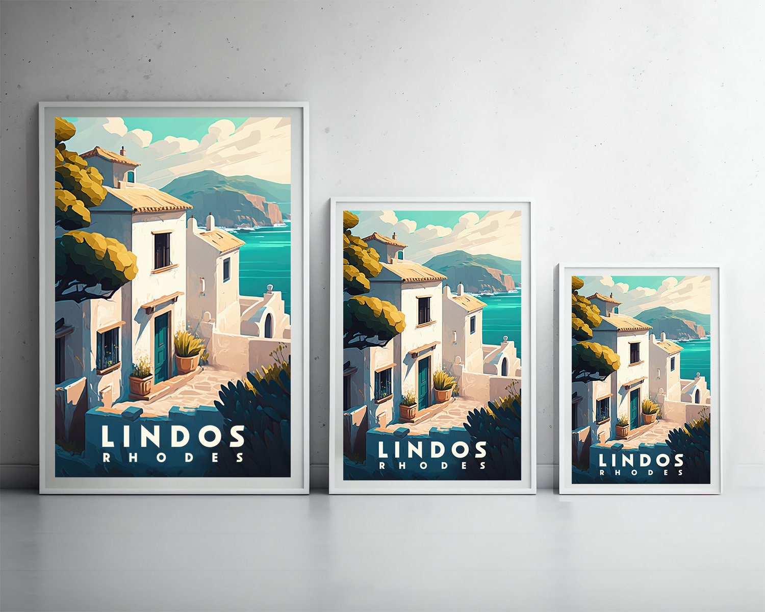 Framed Lindos Rhodes Greece Travel Poster in Portrait orientation, minimal background, close up wall art print 3