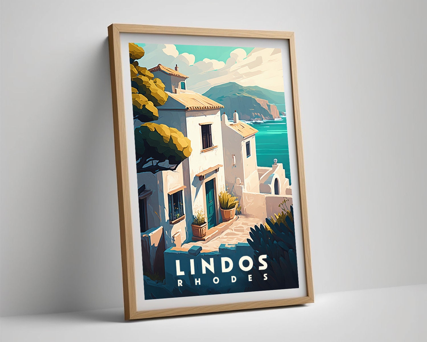 Framed Lindos Rhodes Greece Travel Poster in Portrait orientation, minimal background, close up wall art print 4