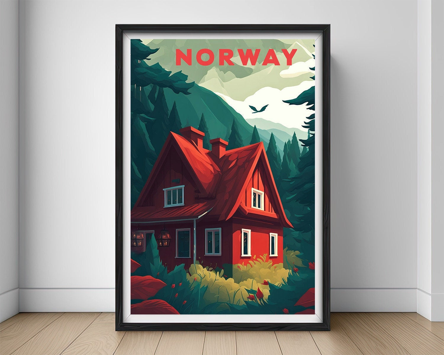 Framed Lofoten Islands Norway Travel Poster in Portrait orientation, minimal background, close up wall art print 1