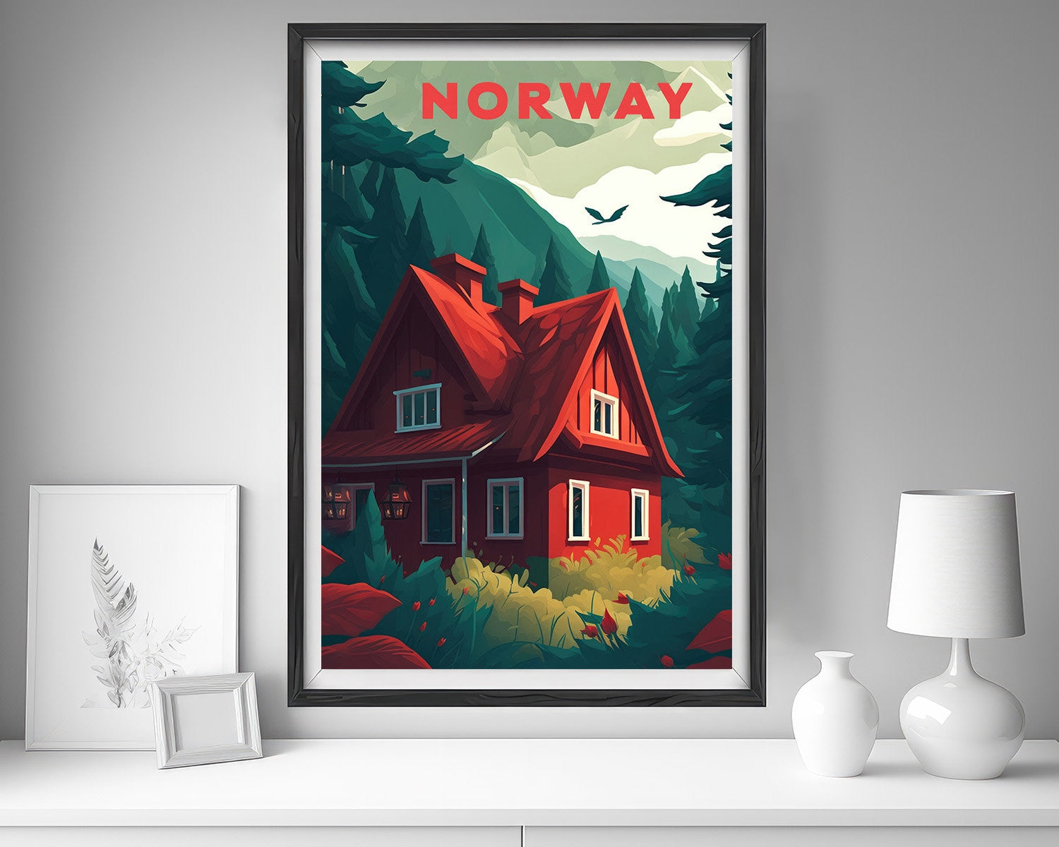 Framed Lofoten Islands Norway Travel Poster in Portrait orientation, minimal background, close up wall art print 5