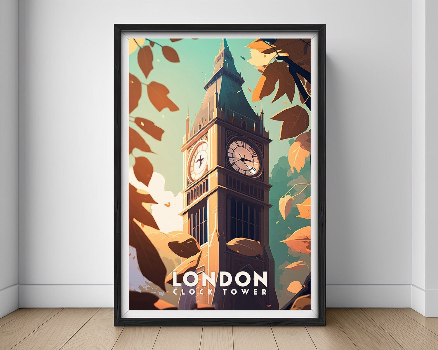 Framed London Big Ben Clock Tower Travel Poster in Portrait orientation, minimal background, close up wall art print 1
