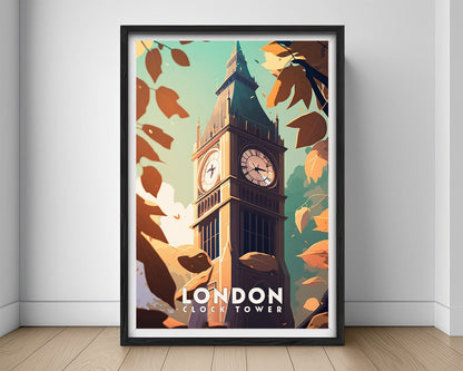 Framed London Big Ben Clock Tower Travel Poster in Portrait orientation, minimal background, close up wall art print 1