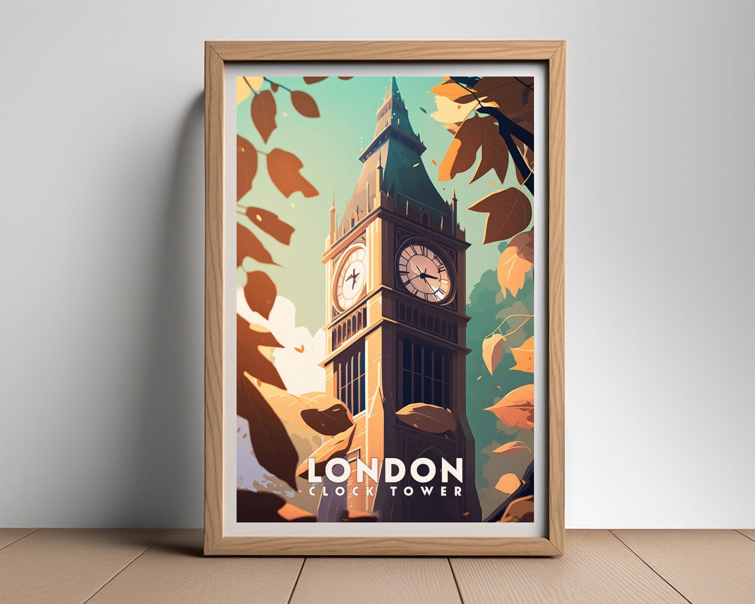 Framed London Big Ben Clock Tower Travel Poster in Portrait orientation, minimal background, close up wall art print 2