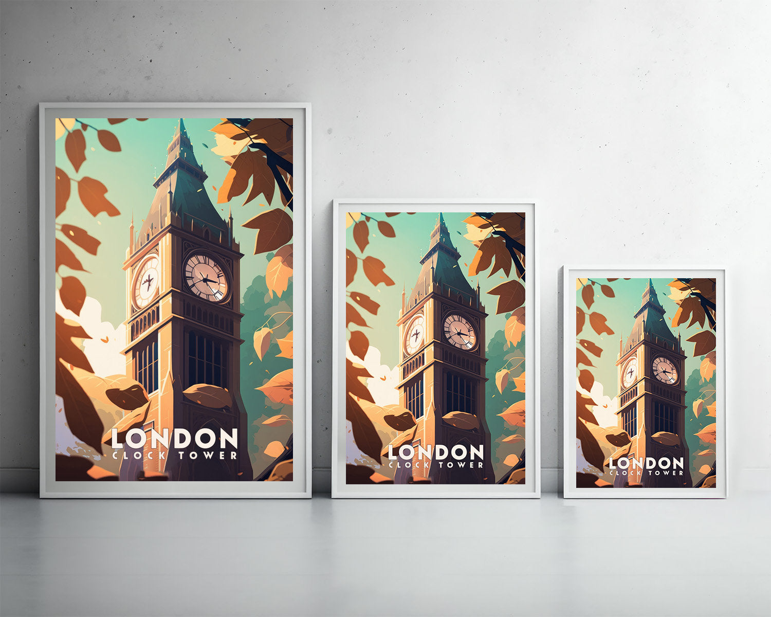 Framed London Big Ben Clock Tower Travel Poster in Portrait orientation, minimal background, close up wall art print 3