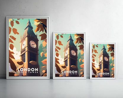 Framed London Big Ben Clock Tower Travel Poster in Portrait orientation, minimal background, close up wall art print 3