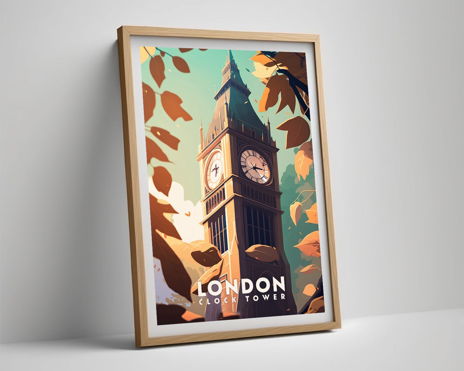 Framed London Big Ben Clock Tower Travel Poster in Portrait orientation, minimal background, close up wall art print 4