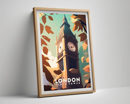 Framed London Big Ben Clock Tower Travel Poster in Portrait orientation, minimal background, close up wall art print 4