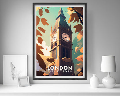 Framed London Big Ben Clock Tower Travel Poster in Portrait orientation, minimal background, close up wall art print 5
