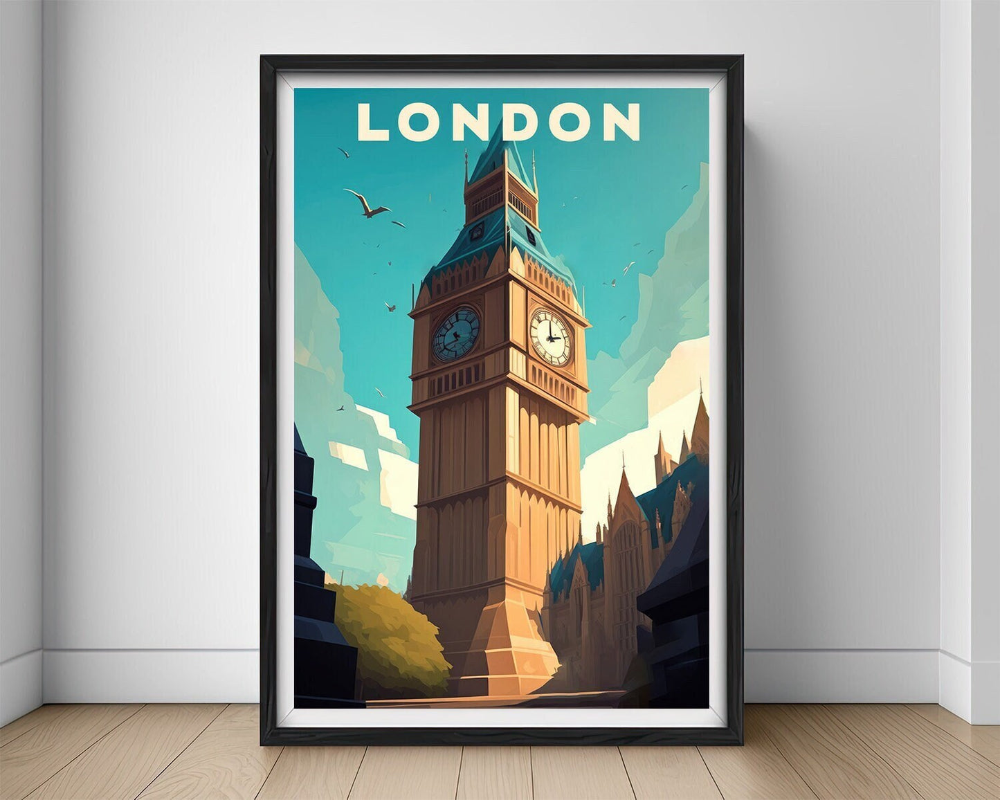 Framed London UK England Travel Poster in Portrait orientation, minimal background, close up wall art print 1