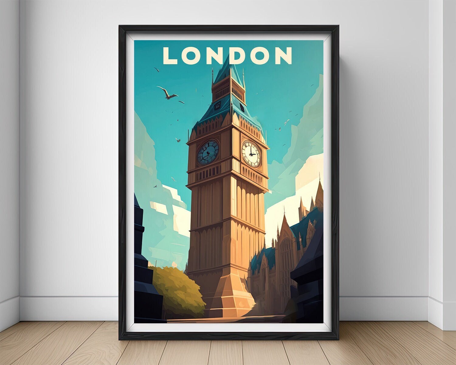 Framed London UK England Travel Poster in Portrait orientation, minimal background, close up wall art print 1