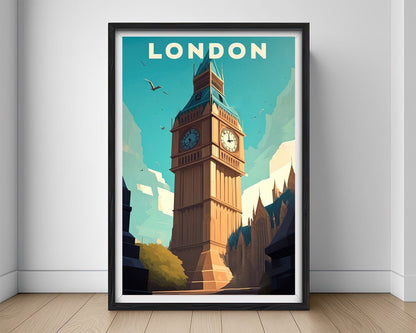 Framed London UK England Travel Poster in Portrait orientation, minimal background, close up wall art print 1