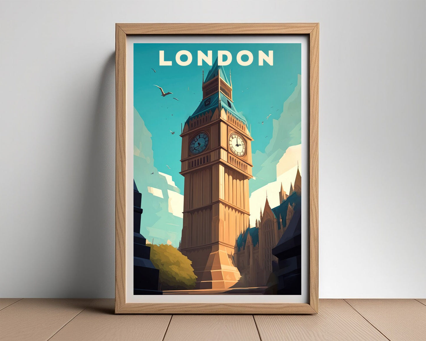Framed London UK England Travel Poster in Portrait orientation, minimal background, close up wall art print 2