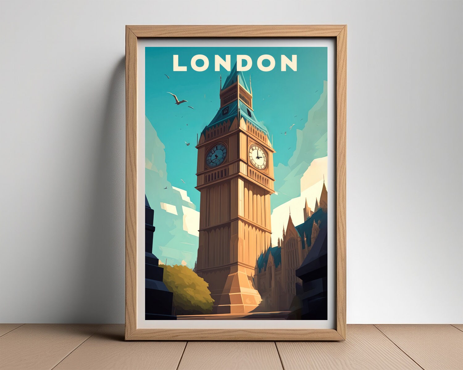 Framed London UK England Travel Poster in Portrait orientation, minimal background, close up wall art print 2