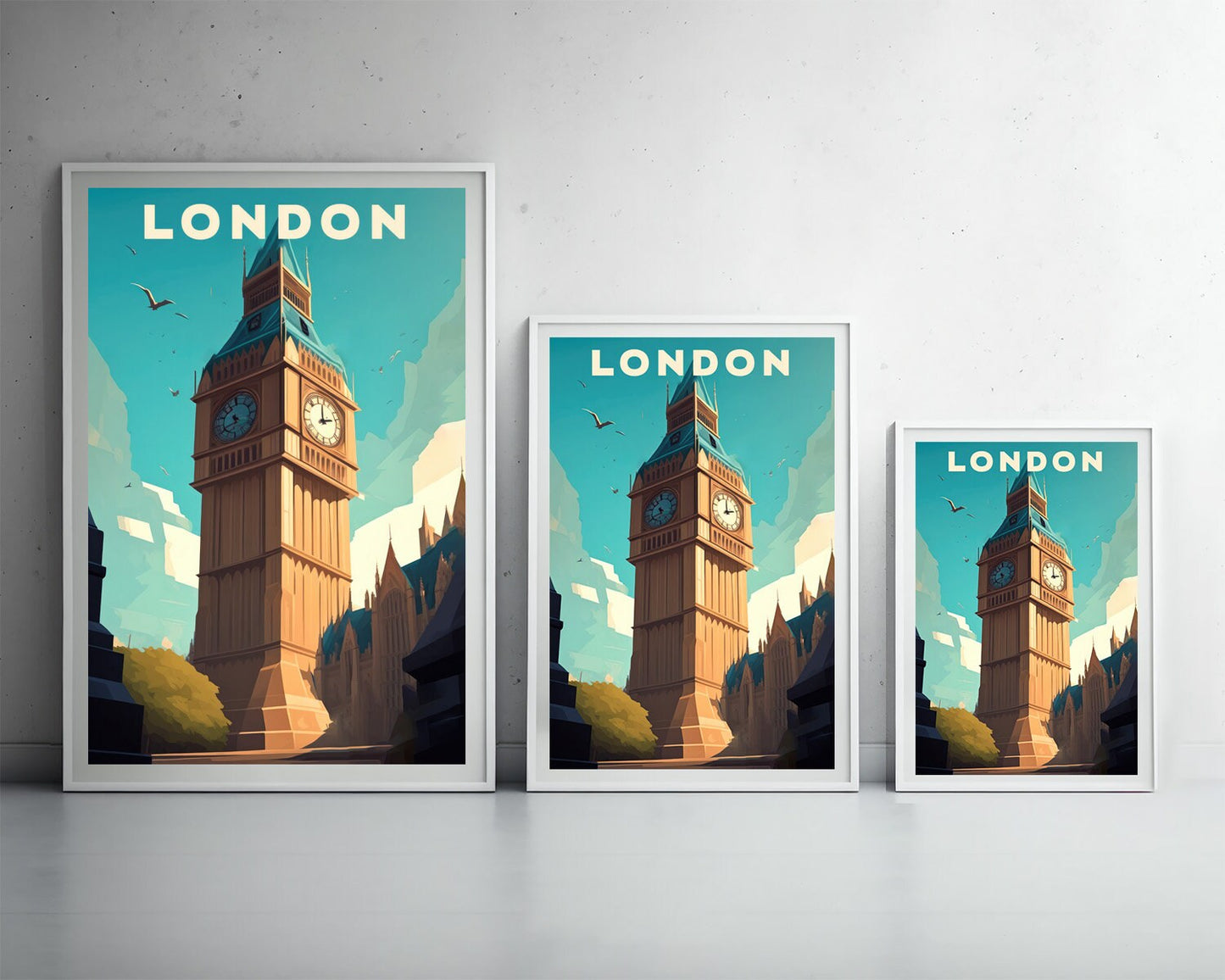 Framed London UK England Travel Poster in Portrait orientation, minimal background, close up wall art print 3