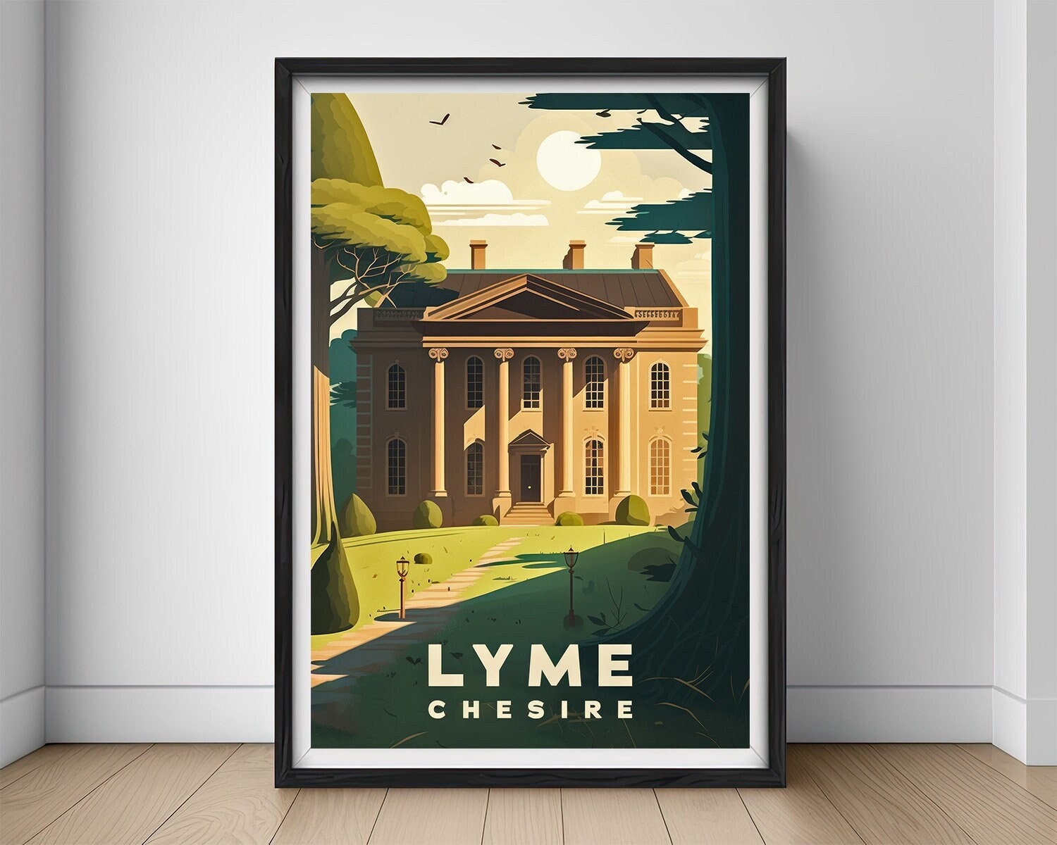 Framed Lyme Chesire Travel Poster in Portrait orientation, minimal background, close up wall art print 1