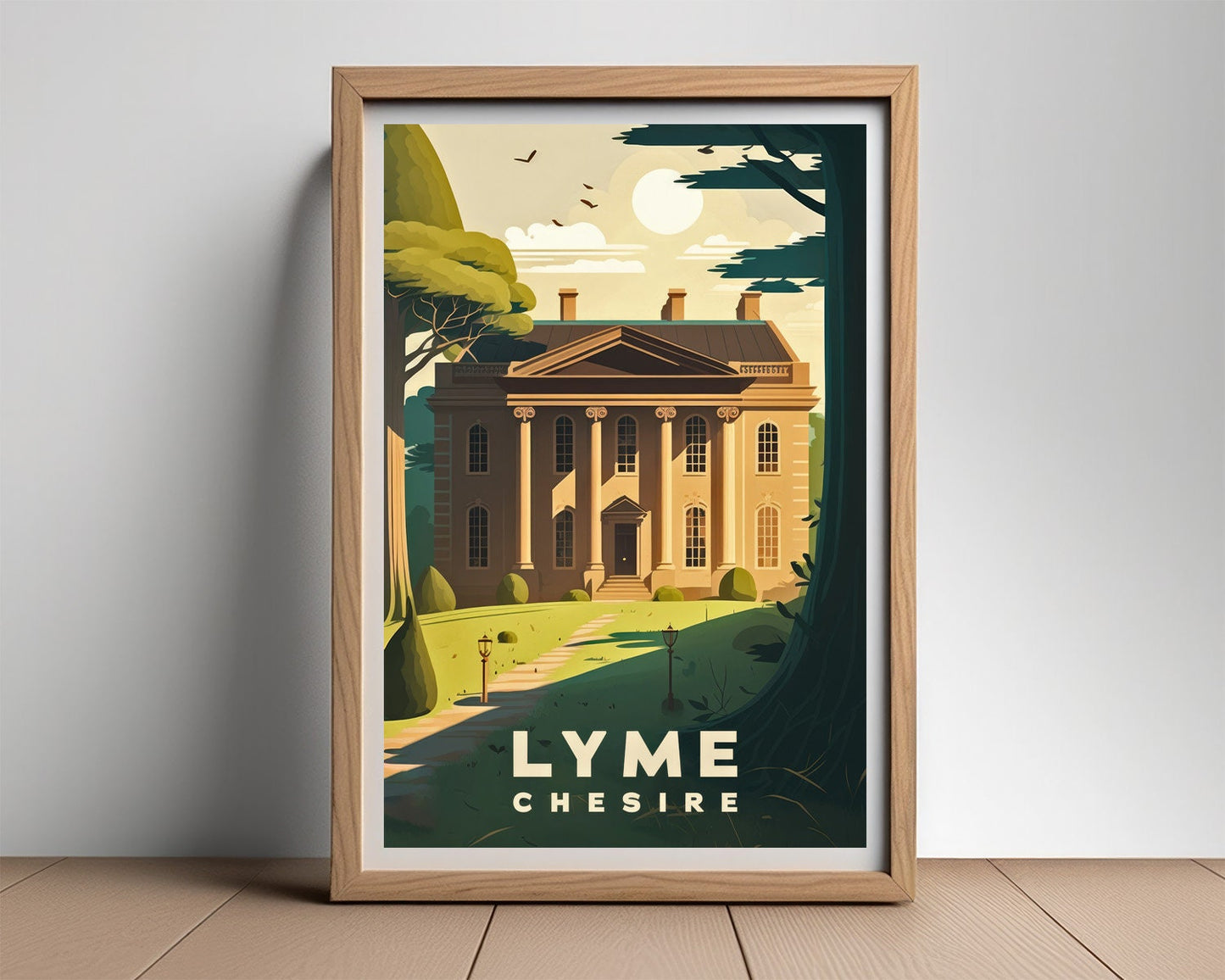 Framed Lyme Chesire Travel Poster in Portrait orientation, minimal background, close up wall art print 2