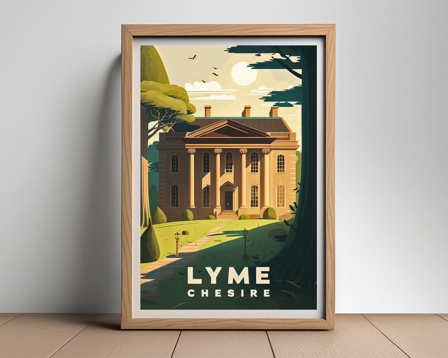 Framed Lyme Chesire Travel Poster in Portrait orientation, minimal background, close up wall art print 2