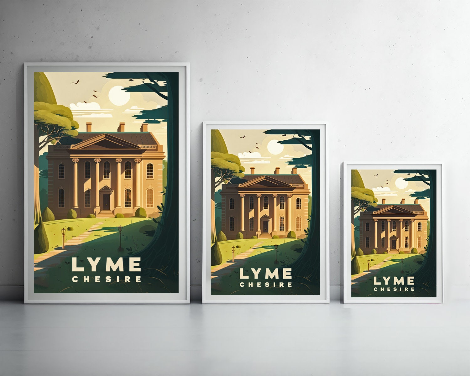 Framed Lyme Chesire Travel Poster in Portrait orientation, minimal background, close up wall art print 3