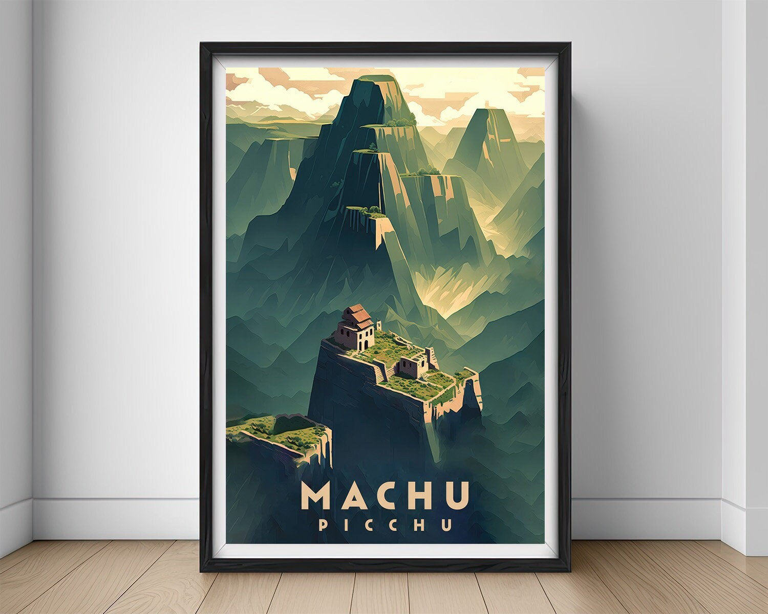 Framed Machu Picchu Travel Poster in Portrait orientation, minimal background, close up wall art print 1