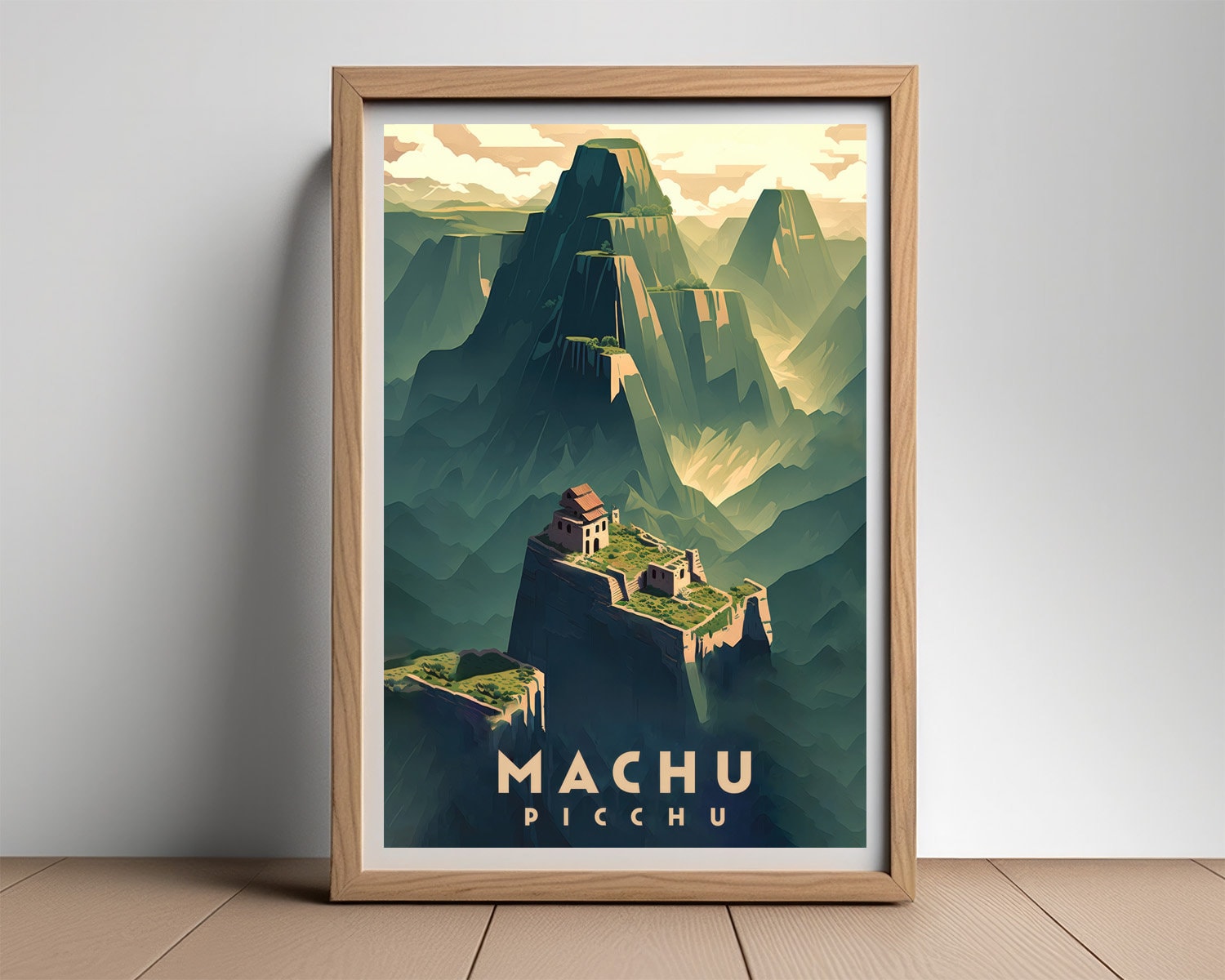Framed Machu Picchu Travel Poster in Portrait orientation, minimal background, close up wall art print 2