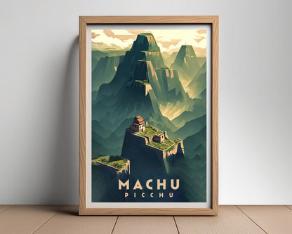 Framed Machu Picchu Travel Poster in Portrait orientation, minimal background, close up wall art print 2