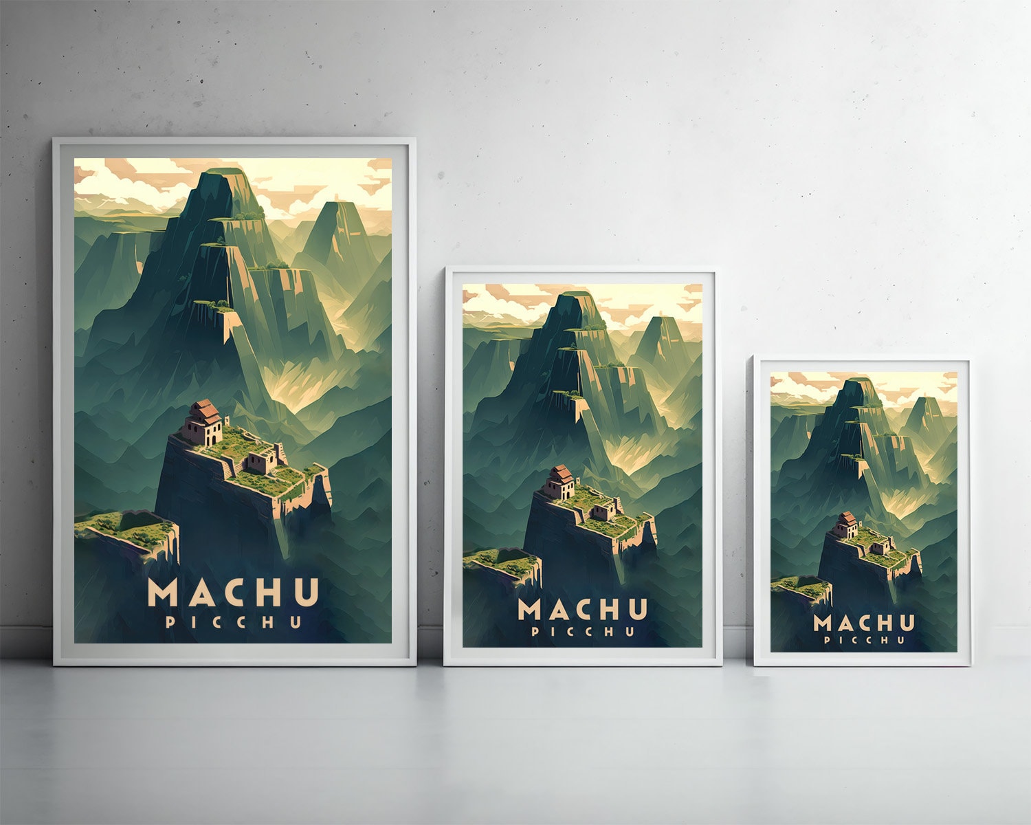 Framed Machu Picchu Travel Poster in Portrait orientation, minimal background, close up wall art print 3