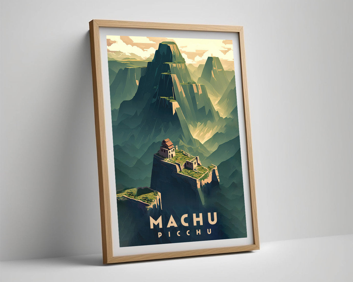 Framed Machu Picchu Travel Poster in Portrait orientation, minimal background, close up wall art print 4