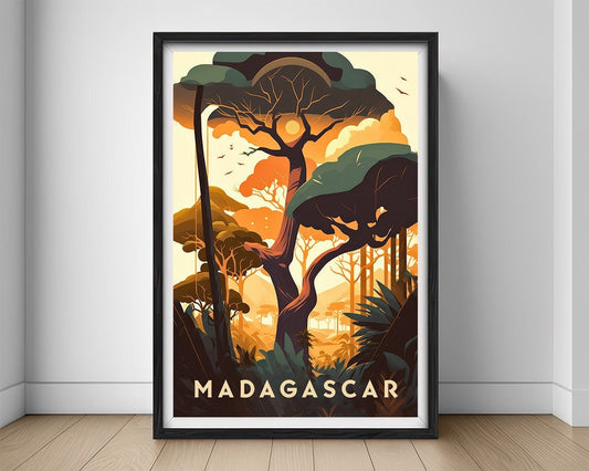 Framed Madagascar Travel Poster in Portrait orientation, minimal background, close up wall art print 1