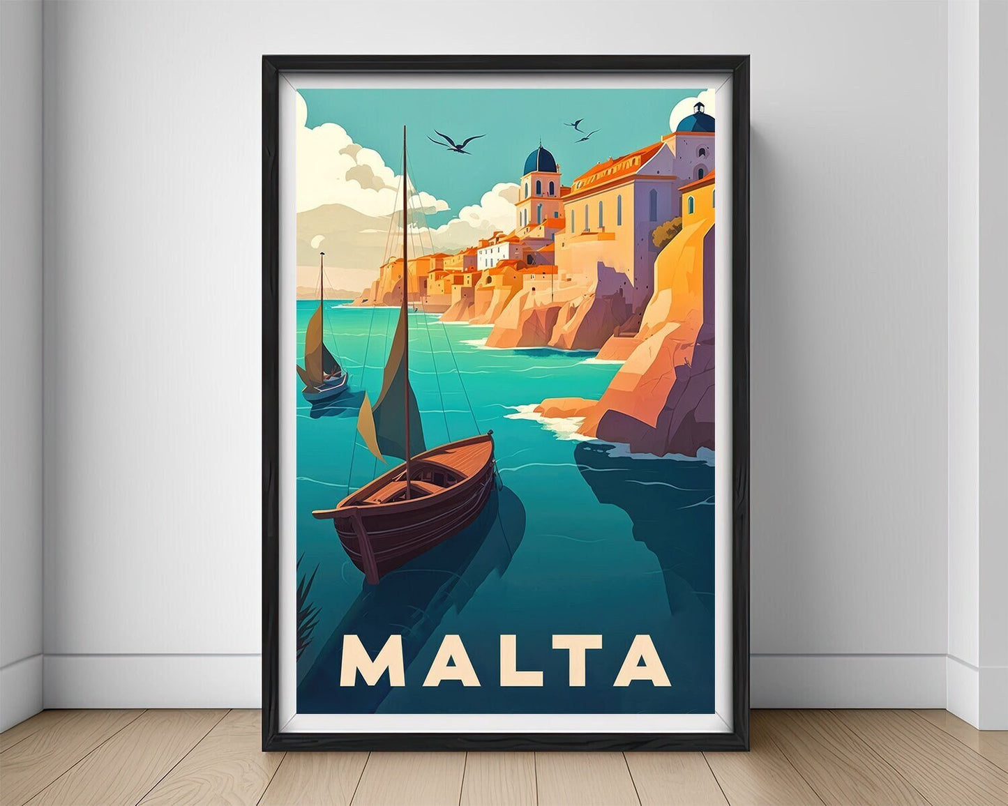 Framed Malta Europe Travel Poster in Portrait orientation, minimal background, close up wall art print 1
